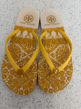 Tory Burch Yellow Patterned Logo Flip Flops